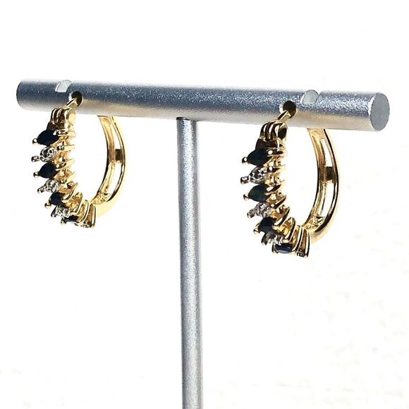 ROSS SIMONS Diamond Sapphire Vermeil Yellow Gold Sterling Silver Hoop Earrings - Picture 5 of 9